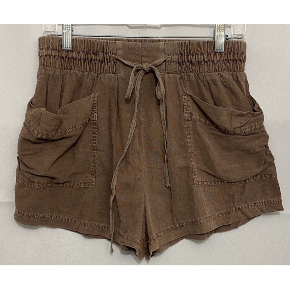 Free People Womens S Brown Linen Blend Cargo Shorts Drawstring Boho